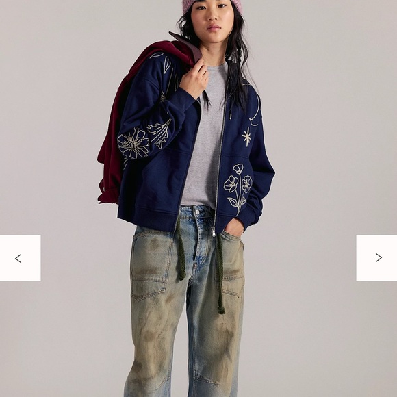 Navy Hoodie with Embroidered Floral Design - Picture 3 of 7